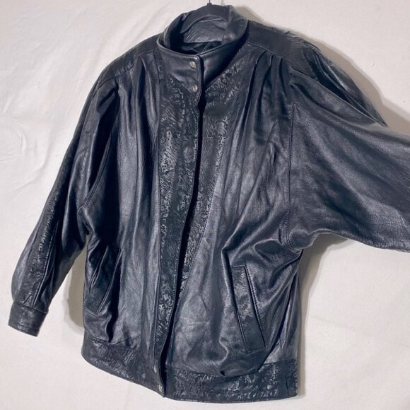 Vintage Le Village Du Cuir Black 80s 90s Oversized Batwing Leather Jacket L - Picture 13 of 16